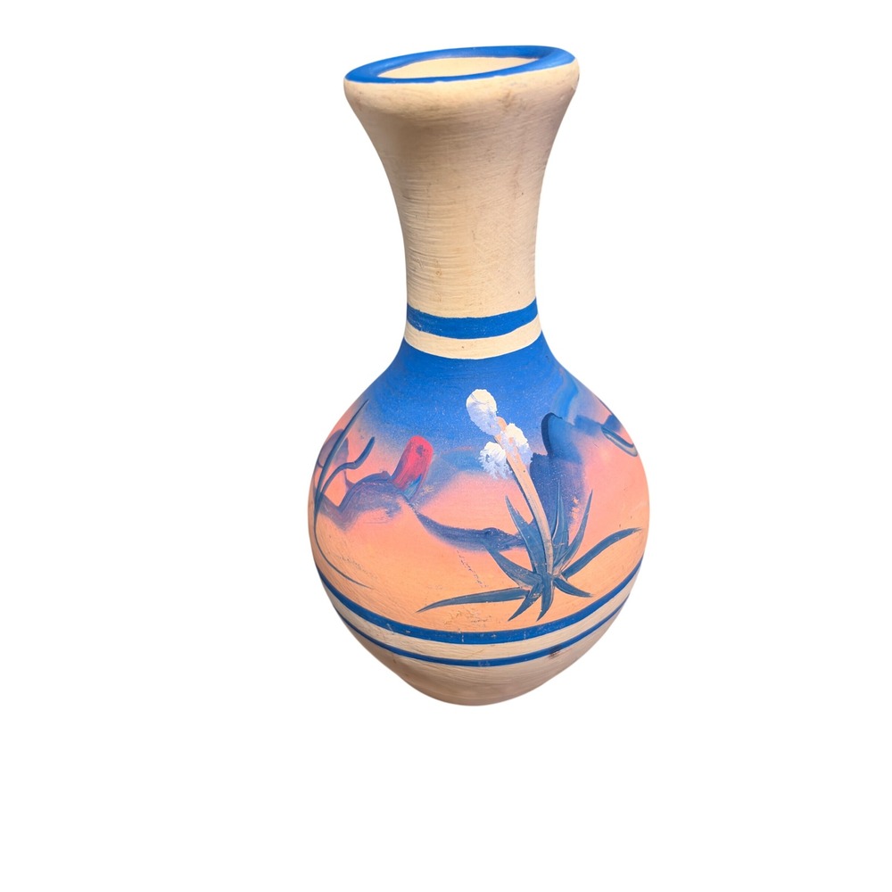 Hand Painted Southwestern Terracotta Vase Blue Peach Desert Landscape Cactus VTG